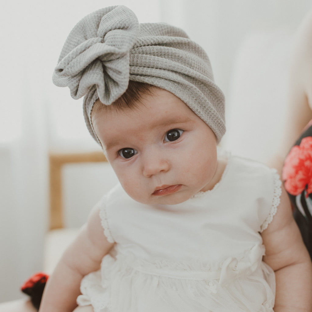 baby wearing handmade baby turban 